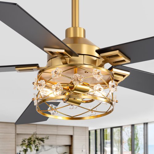 Breezary - 52-Inch Indoor Ceiling Fan with Light Kit, 5 Plywood Dual-Finish Blades, DC Motor, 5/10'' Downrods, Remote, Glass Shade - Electroplated Gold with Black and Deep Red Walnut-Front_Standard 