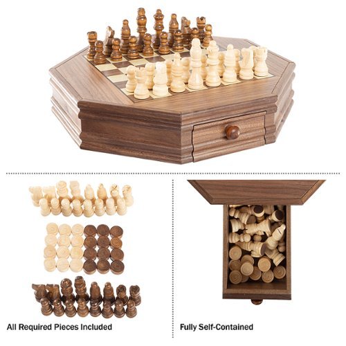 Trademark Games Octagonal Chess Set Wooden Chessboard with 2 Storage Drawers and Carved Staunton Pieces Classic Board Game - Light and Dark Wood WORLDWIDE DELIVERY