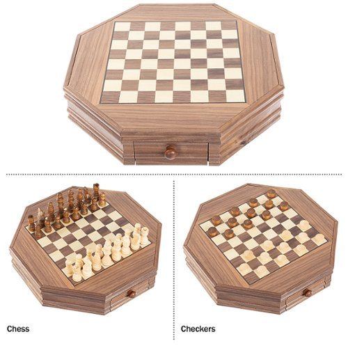 Trademark Games Octagonal Chess Set Wooden Chessboard with 2 Storage Drawers and Carved Staunton Pieces Classic Board Game - Light and Dark Wood GLOBAL SHIPPING