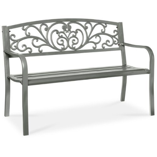 Best Choice Products - Outdoor Steel Bench Garden Patio Porch Furniture w/ Floral Design Backrest - Gray-Front_Standard 