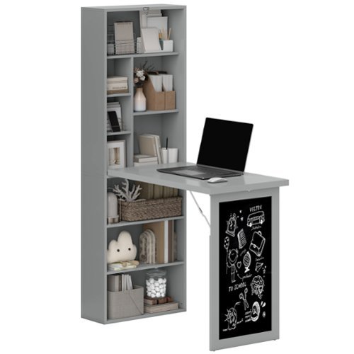 Homcom - ​​Fold-out Convertible Writing Table, Wall Mount Desk Cabinet with Blackboard and Side Shelf​​ - Charcoal Gray-Front_Standard 