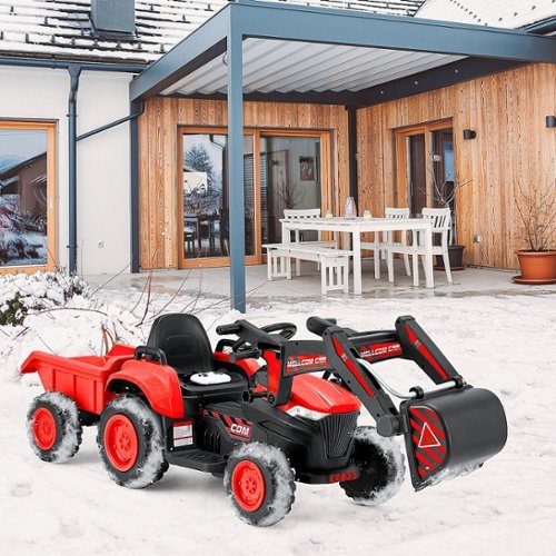 U-HOMY - Remote Control Ride-On Excavator Toy with Digger Arm, Trailer, LED Lights, Music & Safety Belt - Red-Front_Standard 