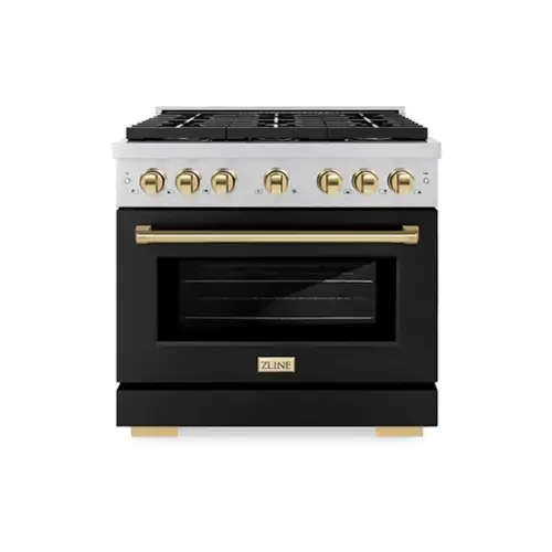 Front. ZLINE - ZLINE Autograph 36 in. Paramount Gas Range with 6 DuoPro Burners w/ Black Door & Gold Accents (PSGRZ-BLM-36-G) - Stainless Steel with Black Matte Door.