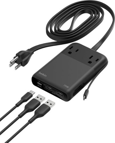 Belkin - 2-Outlet Charging Station, USB-A and USB-C ports and attached USB-C cable, up to 70W Power Delivery - Black