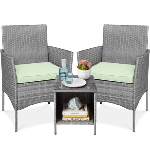 Best Choice Products - 3-Piece Outdoor Wicker Conversation Patio Bistro Set, w/ 2 Chairs, Table - Gray/Light Mint-Front_Standard 