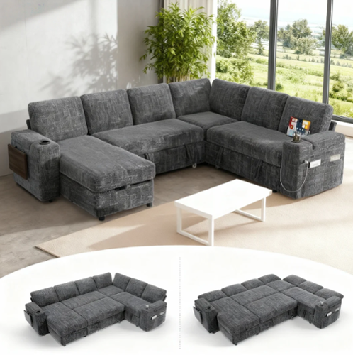 Dyonery - 110" Modular 7 Seat L Shaped Couch with Reclining Backrest|USB Ports|Cup Holders|Side Table|Storage Chaise Armrests - Gray-Front_Standard 