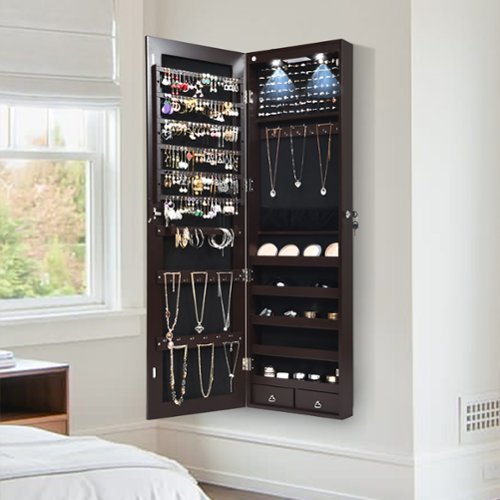 Costway Mirrored Jewelry Cabinet Jewelry Organizer w/2 LED Lights - Brown
