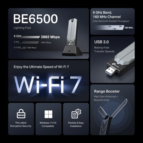 TP-Link BE6500 Tri-Band Wi-Fi 7 Lightning-Fast High Gain Wireless USB Adapter for Boosted Range - Black GLOBAL SHIPPING