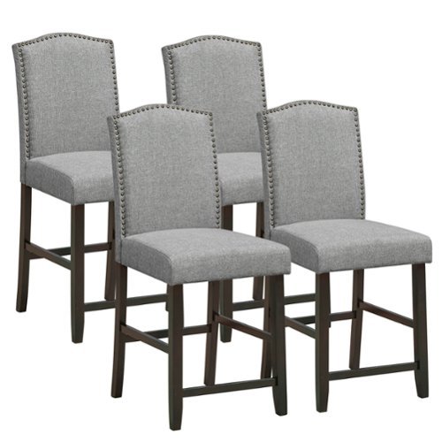 Gymax - Set of 4 Fabric Barstools Nail Head Trim Counter Height Dining Side Chairs Grey - Gray-Front_Standard 
