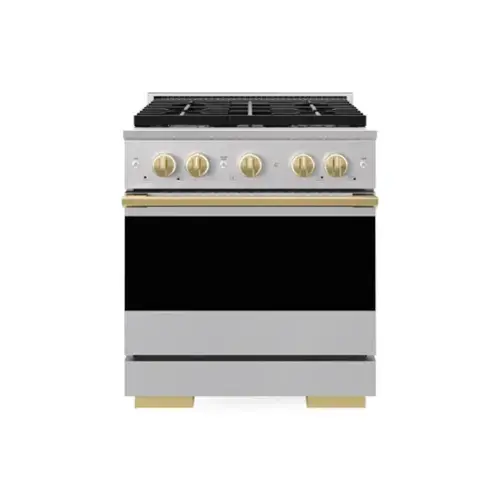Front. ZLINE - Autograph 30 in. 4.2 cu. ft. Marino Freestanding Gas Range with 4 Burners and Manual Clean Oven with Gold Accents - Stainless Steel.
