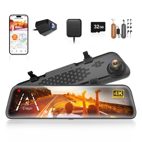 WOLFBOX - 4K+1080P Rear View Mirror Dash Cam, 5.8G Hz Wifi, GPS, 12'' Touch Screen, WDR, Night Vision, 32GB Card, 24H Parking Mode - Black-Front_Standard 