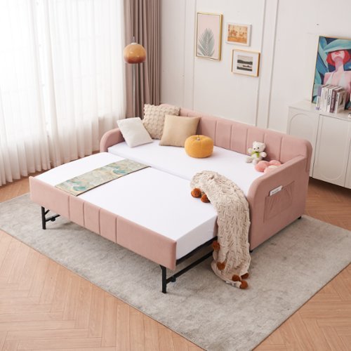 Trinkets Crazed - Twin Size Daybed with Trundle, Twin to King Design Extendable Sofa Bed, Upholstered Corner Day Bed Frame - Pink-Front_Standard 