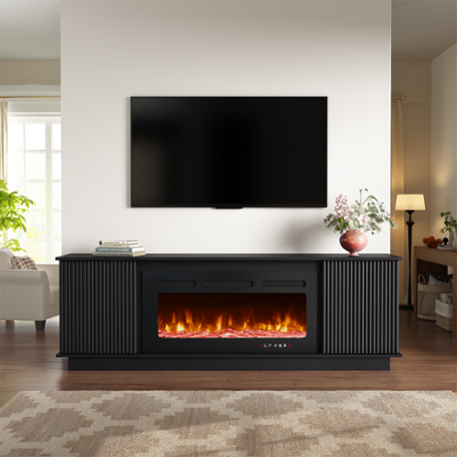 U-HOMY - 70" Fireplace TV Stand with 36" Electric Fireplace, Fluted Media Console for TVs up to 80" - Black-Front_Standard 
