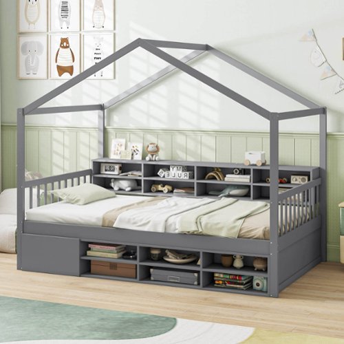 Costway Twin Size House Bed Wooden Platform Bed Frame with Roof & 14 Storage Cubes - Gray