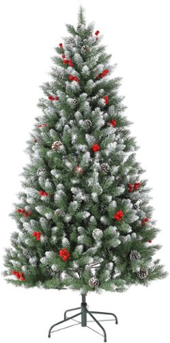 GARVEE - 7FT Snow Flocked Christmas Tree with Red Berries, 850 Tips PE PVC Ideal Holiday Christmas Tree Home Office - Green 7ft-Front_Standard 
