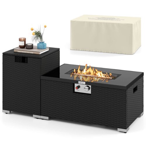 Costway - 2 PCS Outdoor Rattan Fire Table Set with Tank Cover Tempered Glass Tabletop - Black-Front_Standard 