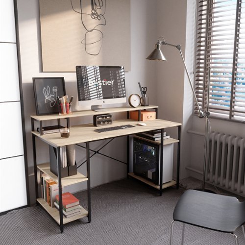 Bestier Gaming Monitor Shelf Desk with Storage -55" wide - Light Oak