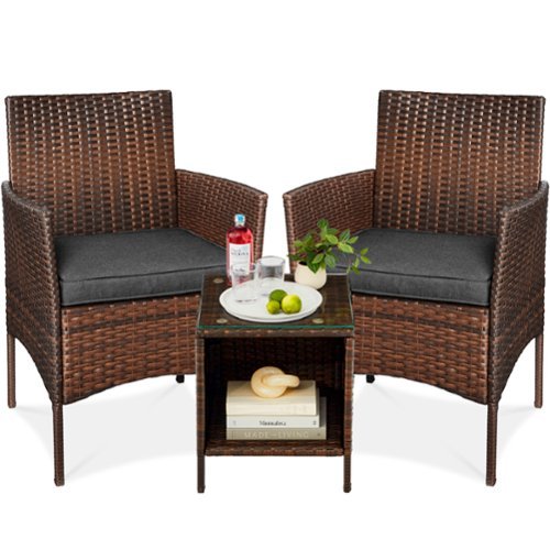 Best Choice Products - 3-Piece Outdoor Wicker Conversation Patio Bistro Set, w/ 2 Chairs, Table - Brown/Stone Gray-Front_Standard 