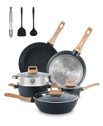  Sugift - 12-Piece Nonstick Ceramic Cookware Set, Granite Pots and Pans Set with Silicone Shovel, Spoon &amp;Tongs - Black