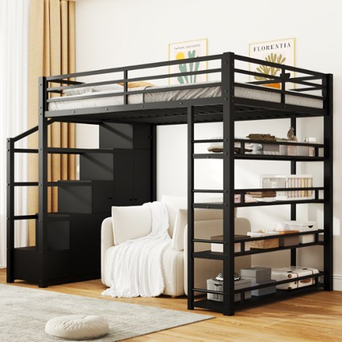 Anysun - Full Size Metal Loft Bed with Storage Shelves, Cabinets & Wardrobe, Space-Saving Design for Small Rooms - Black-Front_Standard 