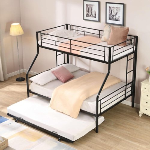 Trinkets Crazed - Twin Over Full Bunk Bed with Trundle, Sturdy Metal Frame Beds, Twin Over with 2 Ladders - Black-Front_Standard 
