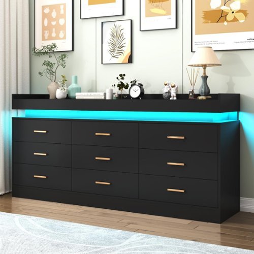 Espafurni - 9 - Drawer Dresser with LED Light & Charging Station - Modern Chest for Bedroom, Living Room, Entryway & Hallway - Black-Front_Standard 