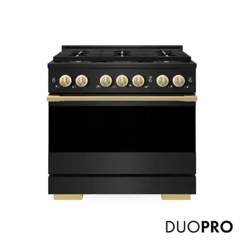 Front. ZLINE - Autograph 36 in. 5.2 cu. ft. Marino Freestanding Manual Clean Gas Range with DuoPro Cooktop with Gold Accents - Black Stainless Steel.