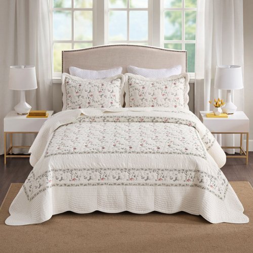 MarCielo - 3Pcs 100% Cotton Embroidery Delicate Floral Quilt Bedspread Set - Multi other clrs-Front_Standard 