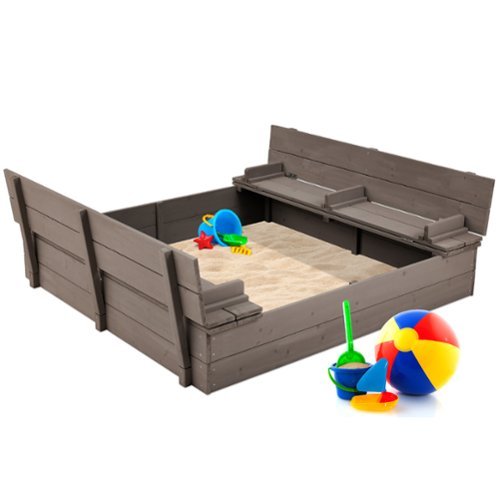 Best Choice Products - Large Outdoor Wooden Sandbox for Kids with Cover and Bench Seats Support up to 220 lbs - Gray-Front_Standard 