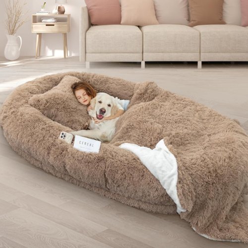 LOVMOR - Oversize Human Dog Bed Memory Foam Bed with Plump Pillow and Blanket - Khaki-Front_Standard 