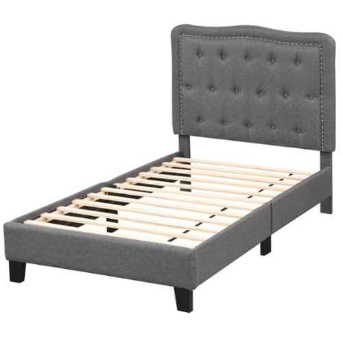 Costway - Twin Size Bed Frame with 46" Tall Button Tufted Headboard Wooden Slats Support - Gray-Front_Standard 