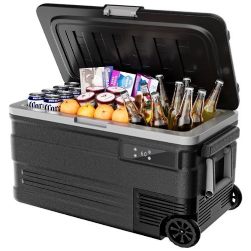 SIMZLIFE - 12 Volt Car Refrigerator - 80QT (75L) Portable Wheeled Design, RV-Friendly, 0℉~68℉, 12/24V DC & 110-240V AC - Black-Front_Standard 