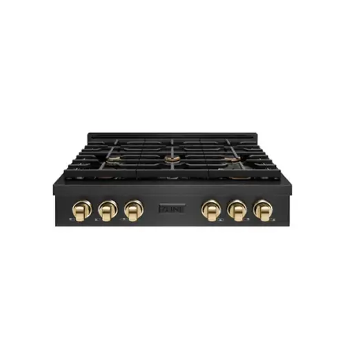 Front. ZLINE - ZLINE Autograph 36 in. 6 Burner Paramount Gas Rangetop in Black Satin Stainless Steel with Gold Accents (SRTBSZ-36-G) - Black Satin Stainless Steel.