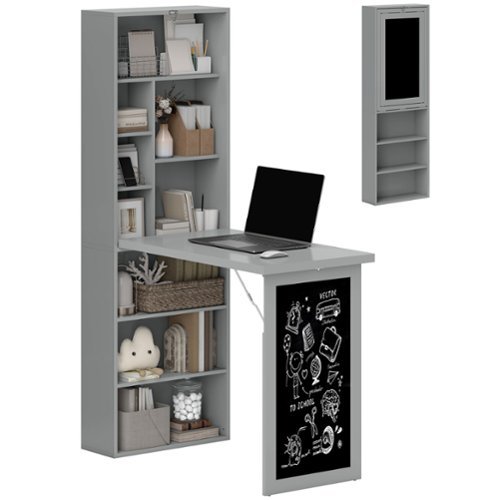 Homcom - Fold-out Convertible Office Desk, Wall Mount Computer Desk with Blackboard and Side Shelf - Charcoal Gray-Front_Standard 