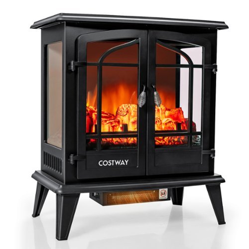 Costway - 25" Freestanding Electric Fireplace Heater Stove W/ Realistic Flame effect 1400W - Black-Front_Standard 