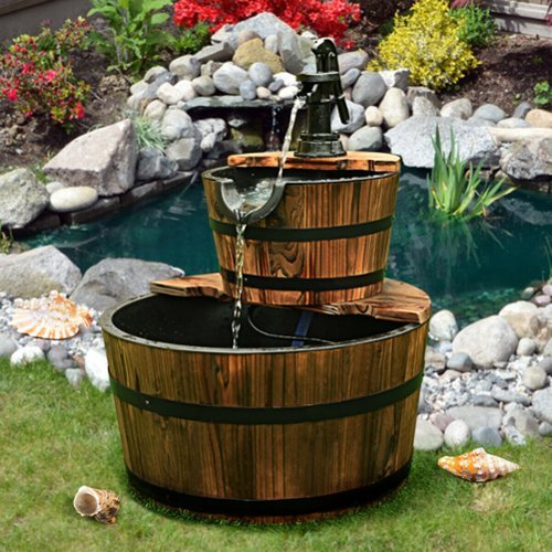 Costway 2 Tier Barrel Waterfall Fountain Barrel Wooden Water Fountain Pump Outdoor Garde - Brown GLOBAL SHIPPING