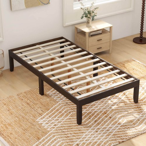Costway Twin Size Wooden Platform Bed Frame 14" with Rubber Wood Legs Under-bed Storage - Brown