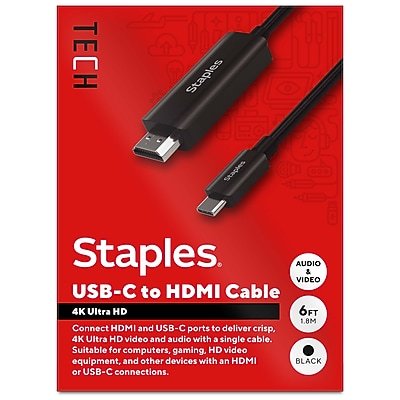 Staples TECH - 6 ft. USB-C to HDMI Audio/Video Cable, Male to Male, (ST62472) - Black