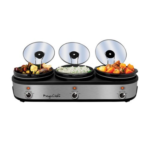  MegaChef - Triple 2.5 Quart Slow Cooker and Buffet Server in Brushed and Black Finish - Silver