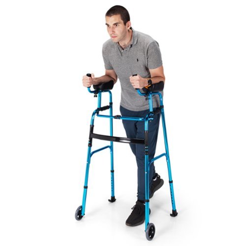 Costway - Folding Aluminum Alloy Wheel Walking Frame Adjustable Walker with Armrest Support Blue - Blue+ Black-Front_Standard 