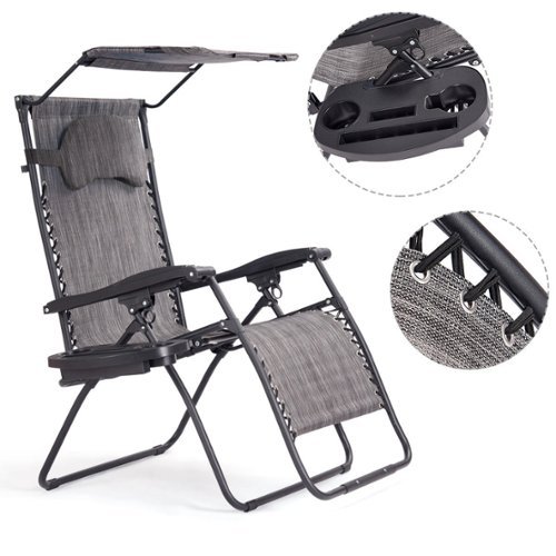 Costway - Folding Recliner Zero Gravity Lounge Chair W/ Shade Canopy Cup Holder - Gray-Front_Standard 