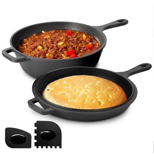 MegaChef - 10.5 Inch 2-in-1 Pre-Seasoned Cast Iron Skillet and Fry Pan Set - Black-Front_Standard 