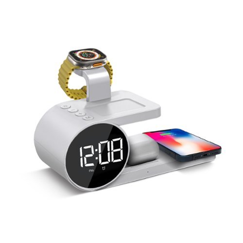 Brookstone - 15W 3-in-1 Wireless Charging Alarm Clock Stand for iPhone/Android,  Airpods, Apple Watch - White-Front_Standard 