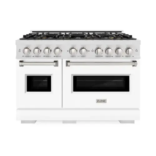 Front. ZLINE - 48 in. 6.7 cu. ft. Classic Freestanding DuoPro Gas Range with Dual Ovens in Satin Stainless Steel & White Doors - White Matte.