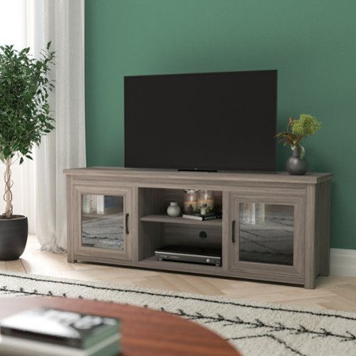 Emma + Oliver - Liam TV Stand for up to 80" TV's - 65" Media Console with Classic Full Glass Doors & 3 Adjustable Shelves - Gray Wash Oak-Front_Standard 