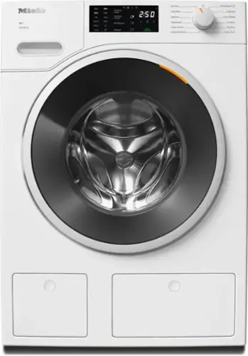 The image features a Miele W1 TwinDos Bend washing machine with a large drum and a digital display. The machine has a variety of settings, including TwinDos Colors, SoftSteam, Buzzer, and Handwash. It is designed to handle different types of laundry, such as delicates, sanitize, and darks/denims. The machine also has a mobile start feature and an express wash option.
