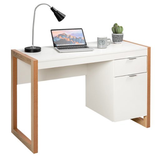 Gymax - Modern Computer Desk Workstation Desk Home Office w/ Storage Cabinet - White, Natural Wood-Front_Standard 
