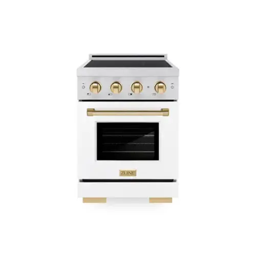 Front. ZLINE - Autograph 24 in. 3.2 cu. ft. Paramount Freestanding Induction Range in Satin Steel with Gold Accents & White Door - White Matte.