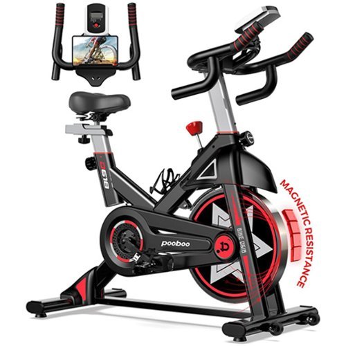 Pooboo - Exercise Stationary Bike for Home Gym, Indoor Cycling Bike With Comfortable Seat Cushion & Tablet Mount - Red-Front_Standard 