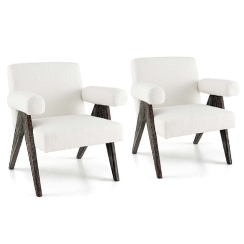 Costway - 2 PCS Upholstered Armchair Modern  Accent Chair with Natural Rubber Wood Legs - White